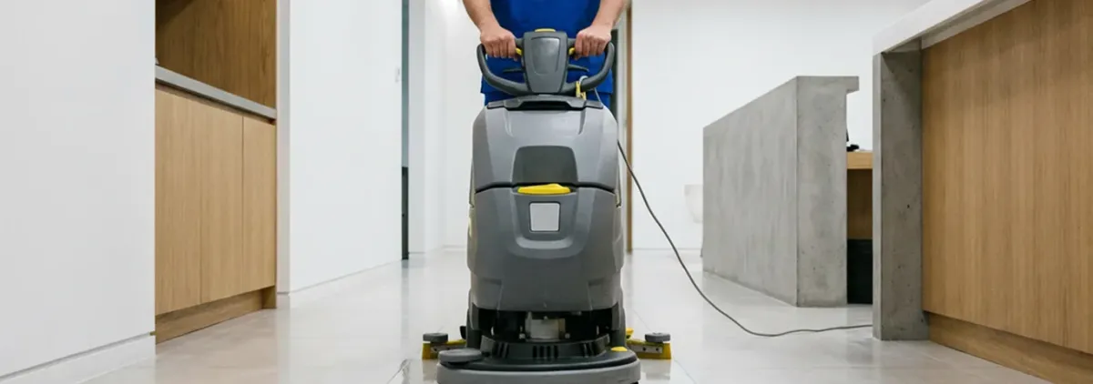 Janitorial staff using a floor scrubber machine to clean a commercial hallway, Staten Island, NY.