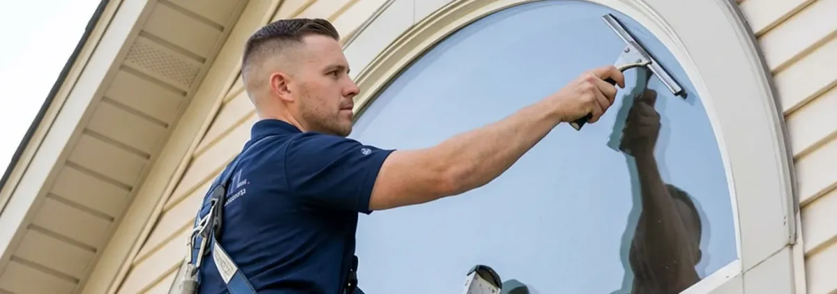 Professional window cleaner using a squeegee to clean an exterior arched window on a home, Staten Island, NY.